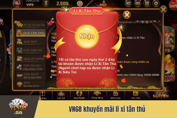 VN68 khuyến mãi lì xì tân thủ