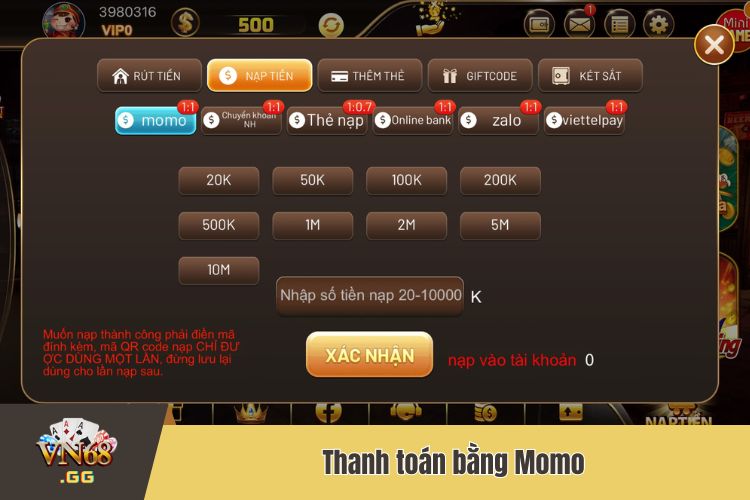 Thanh toán VN68 nạp tiền bằng tài khoản Momo Pay